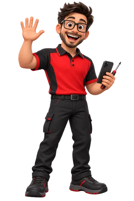 Funny Passcaltech technician wearing glasses, waving with a phone and repair tool